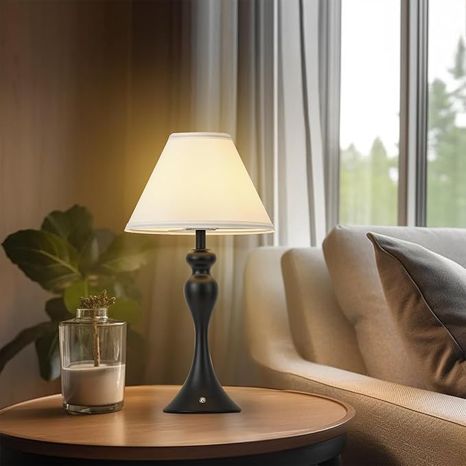Rechargeable Cordless Table Lamps, Battery Operated Lamp with Fabric Shade for Decor, 3 Color Stepless Dimming LED Table Light, Nightstand Lamp for Nursery, Bedroom, Living Room, Home Office (Black)