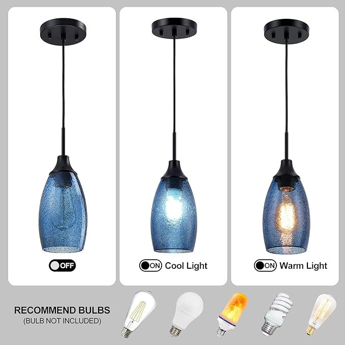 Mini Glass Pendant Light,4.72" Dark Blue Glass Hanging Light 3-Pack Handblown Clear Blue Seeded Shade Adjustable Cord Ceiling Light Fixture for Kitchen Island Sink