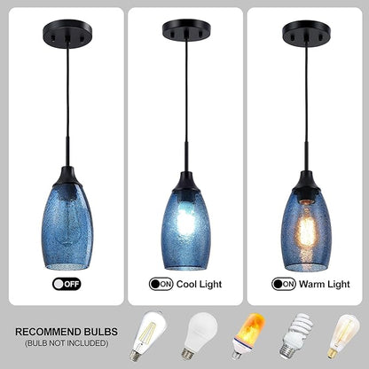 Mini Glass Pendant Light 1-Pack Handblown Clear Dark Blue Seeded Glass Shade Adjustable Cord Ceiling Light Fixture for Kitchen Island Sink 4.72"
