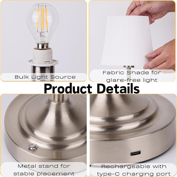 Rechargeable Table Lamp, Cordless Touch Lamps, Portable Desk Light with Stepless Dimmable Brightness & Fabric Shade for Nightstand Bedside Living Room (Silver, Twill)
