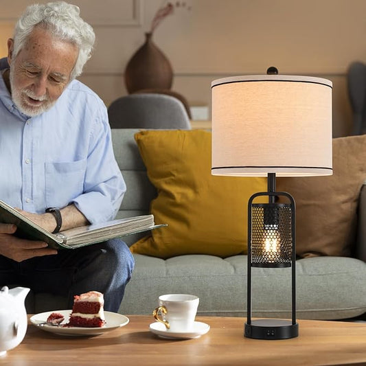 Lamps for Living Room Lamp Set 2 Bedroom Lamps Modern Metal Industrial Design Night Light with USB Port,Linen Lampshade,Bulb,Black