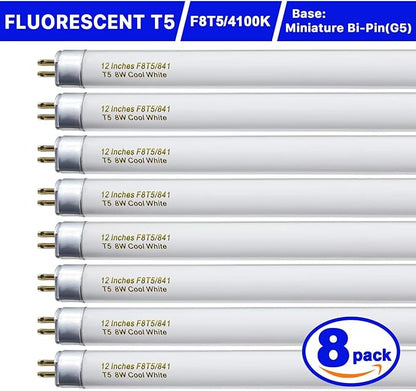 8 Pack F8T5/CW Fluorescent Bulbs, T5 12 inch 8 Watts Under Cabinet Light Bulb Cool White, G5 Mini Bi 420 Lumen