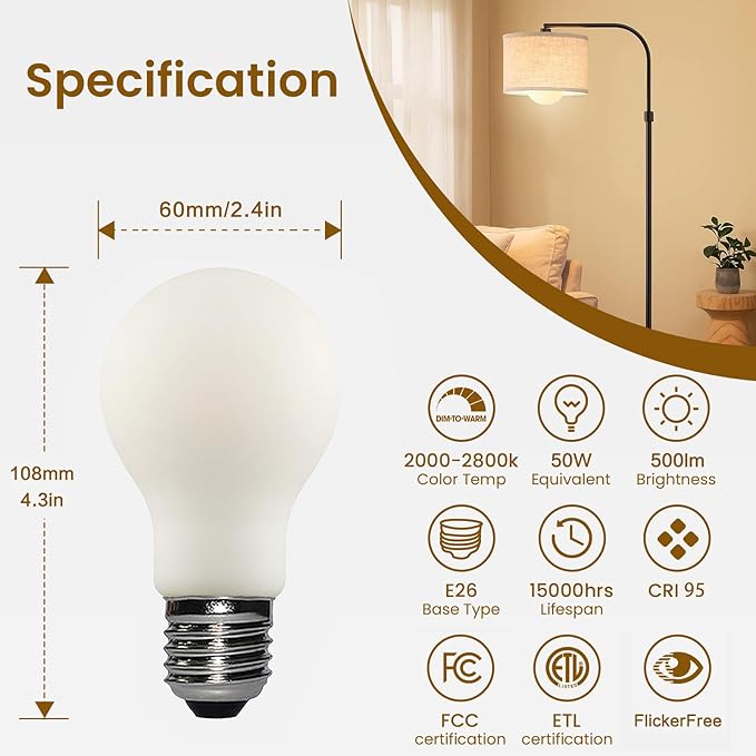 Liii&ARTMAN LED Light Bulb A19 Dim-to-Warm 2000-2800K 120V 6W E26 Matte Porcelain CRI95 500LM, (4-Pack)
