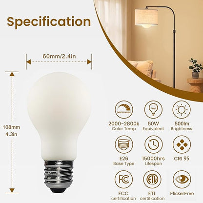 Liii&ARTMAN LED Light Bulb A19 Dim-to-Warm 2000-2800K 120V 6W E26 Matte Porcelain CRI95 500LM, (4-Pack)