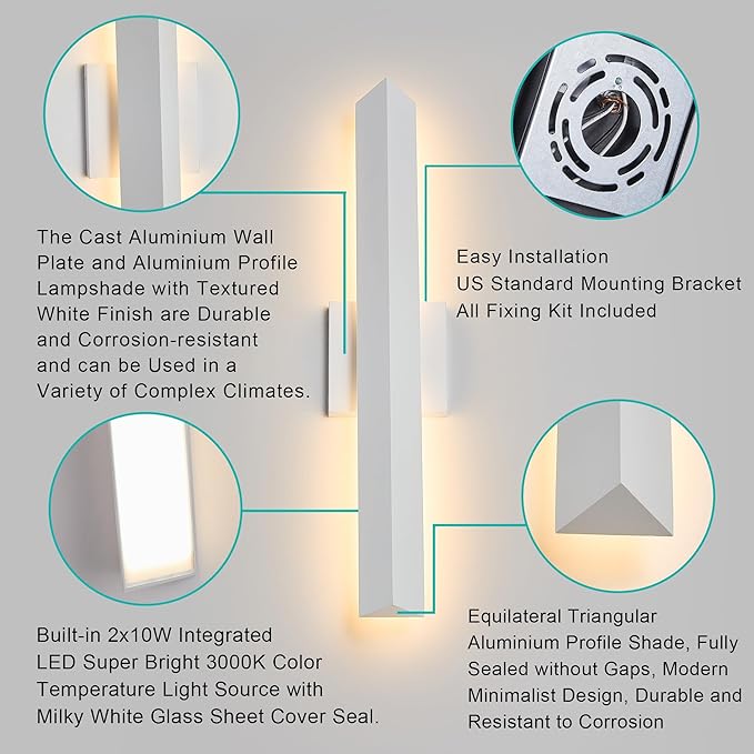 21.9IN LED Outdoor Aluminum Wall Lights,20W Dimmable, IP65 Waterproof, Modern Textured White Indoor & Exterior Lighting Fixtures, Long Exterior Wall Lights for Garage, Front Door
