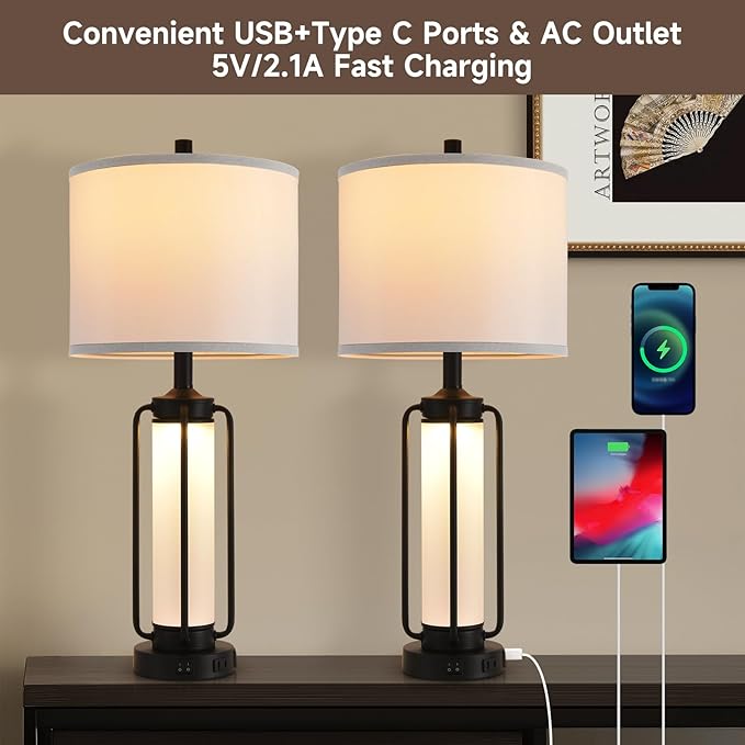 Terpsichore Farmhouse Lamps for Living Room Rustic Bedside Lamp Lamps Set of 2,Vintage Bedroom Nightstand Table Lamp Rocker Switch & USB A+C Ports & AC Outlet,Built-In Frosted Glass Night Light