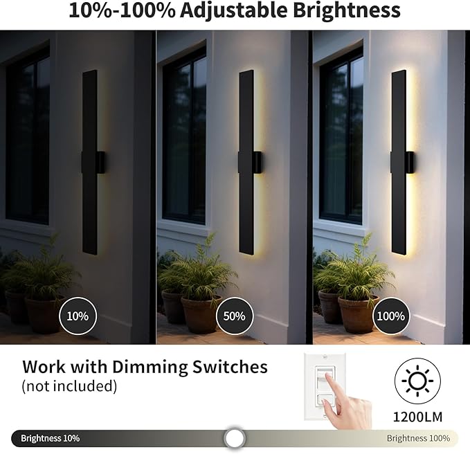 2 Pack 47.2 inch Modern LED Outdoor Wall Light, 3000K 4000K 5000K 10%-100% Dimmable Lights for Outside, IP65 Waterproof Exterior Long Wall Lights for House, Porch, Garage, Patio, Yard, Entrance Black