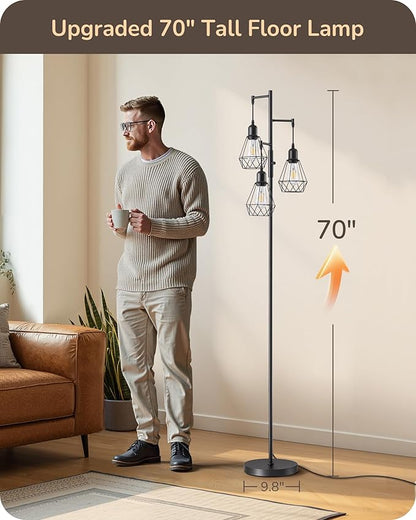 EDISHINE 70IN Farmhouse Floor Lamps for Living Room, Dimmable Industrial Tall Standing Lamps 3 LED Edison Bulbs Included, Diamond-Shaped Cage, Rustic Tree Corner Light for Bedroom, Office, Black