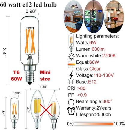 LiteHistory Dimmable E12 LED Bulb 6W Equal 60 watt led Light Bulb Warm White 2700K T6 T25 E12 Candelabra Bulb 60 watt for Chandeliers,Ceiling Fan,Pendant,Wall sconces AC120V 600LM e12 Bulb 12Pack