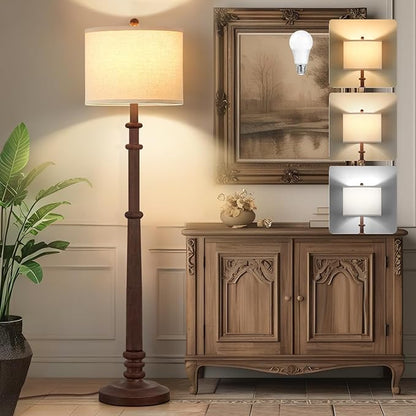 Floor Lamps for Living Room - 60" Resin Farmhouse Floor Lamp with Adjustable Color Temperatures - Vintage Standing Lamp Reading Light with Linen Shade Tall Lamp for Bedroom Office, Reddish Brown