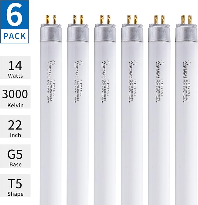 22 Inch F14T5/WW Fluorescent Light Bulb, 3000K Warm White, T5 14 Watts Fluorescent Replacement Bulb for Counter and Cabinet Fixture, G5 Base - 6 Pack