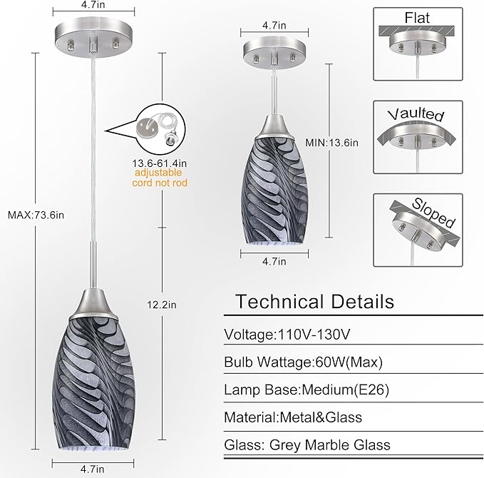 1-Pack Mini Glass Pendant Light 4.72" with Handblown Black Gray Marble Art Glass Hanging Light Oval Ceiling Hanging Light Fixture for Dining Room Kitchen Island Cafe Foyer Hallway