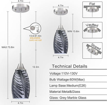 1-Pack Mini Glass Pendant Light 4.72" with Handblown Black Gray Marble Art Glass Hanging Light Oval Ceiling Hanging Light Fixture for Dining Room Kitchen Island Cafe Foyer Hallway