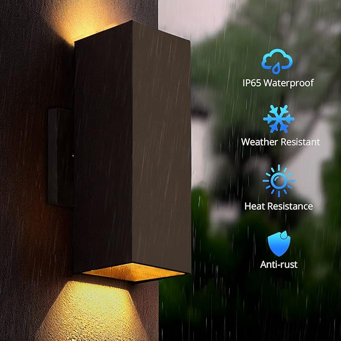 Modern Up Down Wall Lights Outdoor with Dusk to Dawn Photocell Sensor, LED Outdoor Wall Lighting, Waterproof Bronze Porch Lantern, 13" Square Wall Sconce for House Garden Entrance
