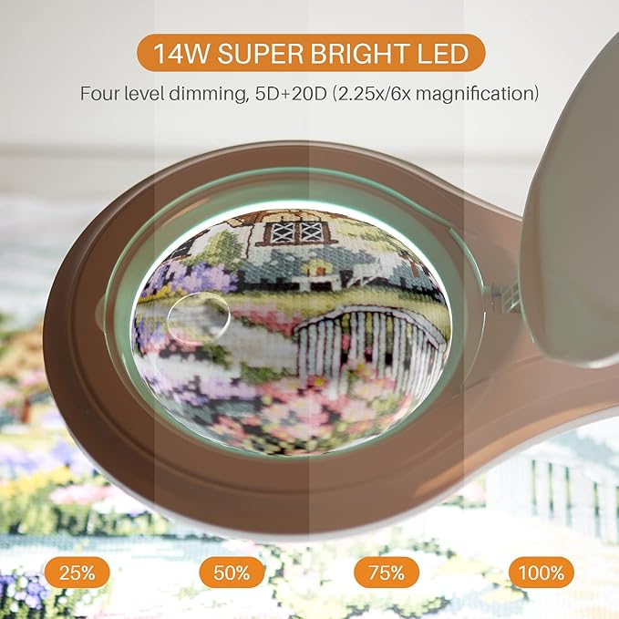 Bifocals LED Magnifying Lamp with Clamp, 5 Diopter with 20 Diopter, 5 Inch Magnifier Glass Lens, 1200 Lumens Dimmable Magnifier Lamp for Desk Craft Hobby with 60PCS Bright LEDs (White)