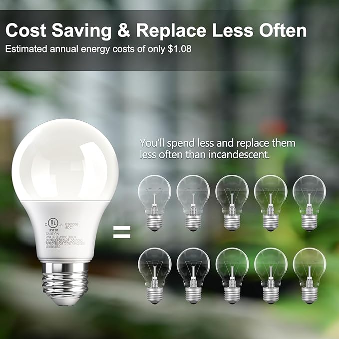 TJOY 12 Pack A19 LED Light Bulbs 60 Watt Equivalent, Efficient 9W, Daylight White 5000K, E26 Standard Base, Energy Saving Bright White Light Bulb for Home, Non Dimmable, 800LM, 80 CRI, 120V, UL Listed