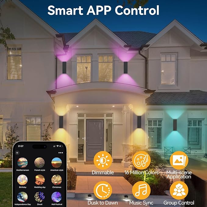 Outdoor Wall Lights 2 Pack, Aluminum Exterior Lighting Fixtures Dusk to Dawn Outdoor Lighting Color Changing Porch Lights with Matte Black Finish, Up and Down Lights Control with App and Voice