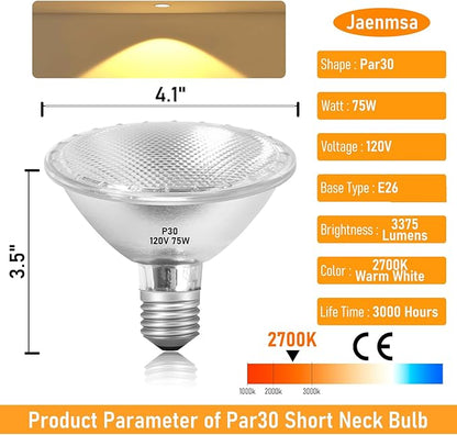 Par30 75W Short Neck Halogen Flood Light Bulbs 120V, 75W Dimmable Short Indoor Flood Light Bulbs E26, 6Pcs Par30 Halogen Light Bulbs 2700K for 5-6in Recessed/Ceiling Can/Accent/Tracking Lights