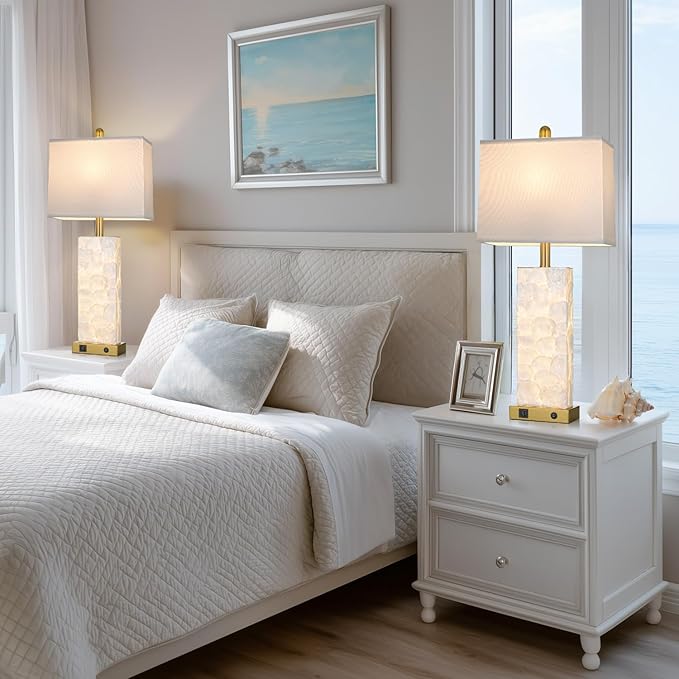 28" Coastal Table Lamps for Living Room Set of 2, Bedside Lamps with Night Light, USB A+C Ports, Modern Sea Shell Bedside Night Stands Light for Beachy Cottage Decor (Gold)