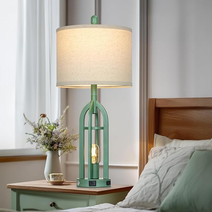 27" Tall Vintage Table Lamp Set of 2 with USB C+A & Outlet,Farmhouse Green Table Lamp for Living Room,Retro Bedside Lamps with Night Light for Bedroom Entryway,Green