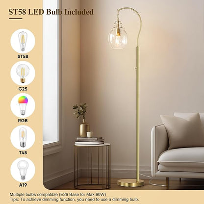 QiMH Gold Floor Lamps for Living Room, Modern Standing Lamp for Bedroom, 70" Tall Lamp for Corner, Arc Floor Lamp with Seeded Glass Lamp Shade, Dimmable Floor Lamp for Reading Office Nursery