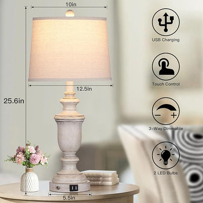 Farmhouse Table Lamps Set of 2 with USB Charging Port for Rustic Living Room Retro Bedroom,3-Way Dimmable Touch Lamp Resin Bedside Lamps for Nightstand Side End Table,Color 2