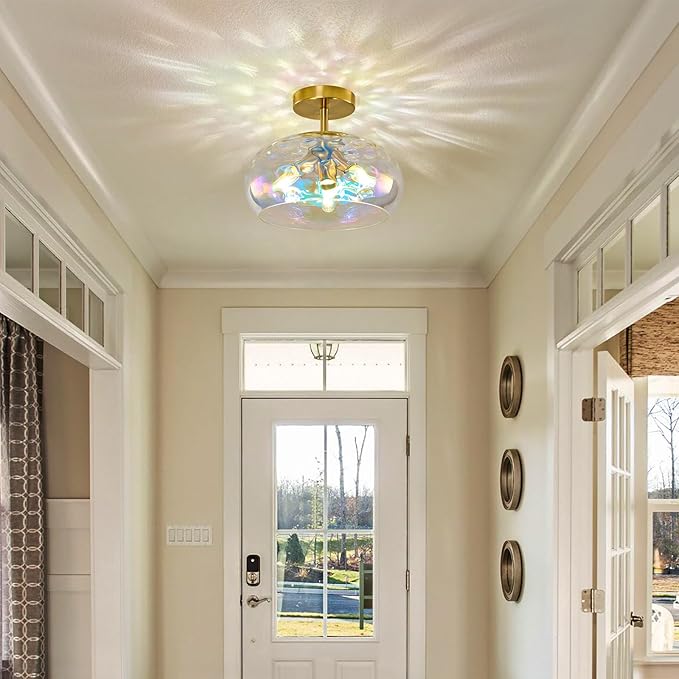 Vintage Glass Flush Mount Ceiling Light - 12 Inch Rainbow Hammered Glass Hallway Light fixtures Ceiling, Gold Semi Flush Mount Ceiling Light,Mid Century Light Fixture for Bedroom Entryway Kitchen