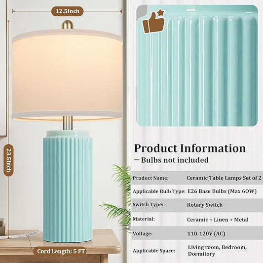 23.5’’ Light Green Coastal Table Lamps for Bedroom Set of 2, Modern Ceramic Nightstand Lamps for Living Room, Elegant Bedside Lamps with White Line Shade Set for Reading, Farmhouse Side Table Lamps