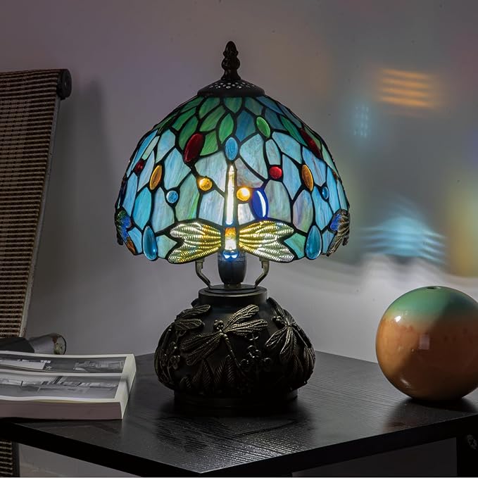 Tiffany Style Stained Glass Mushroom Bedside Table Lamp 8-inch Green Blue Dragonfly Beautiful Shade Nightstand Light for Bedroom Dorm Living Hallway Coffee Table Home Office Housewarming Gift