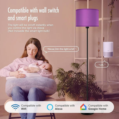 Floor Lamp, Standing Lamp, Modern Stand Up Lamps with Purple Lampshade, 59" Tall, Foot Switch, Simple Living Room Decor for Kids Room, Girls Room, Den, Office - Black(NO Bulb,E26 Base)
