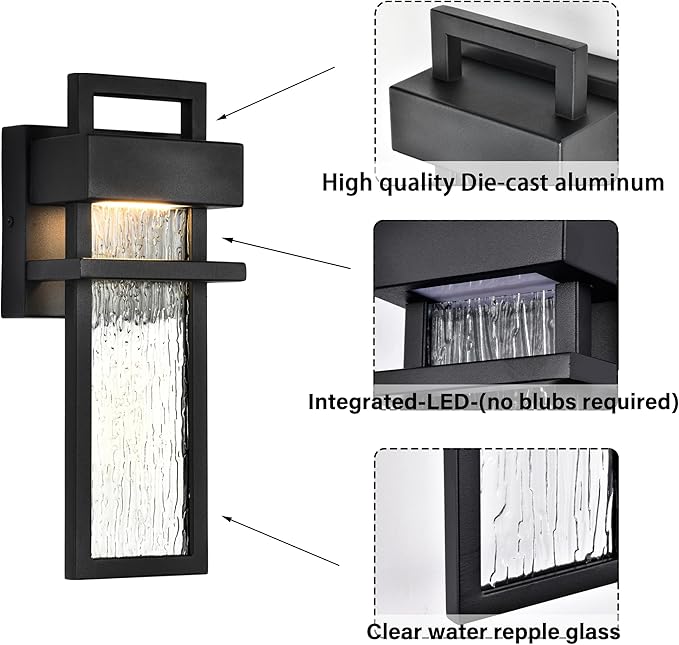 Alighting Modern Outdoor Light Fixture Black Outdoor Porch Lights for House with Water Glass 12W 3000K LED Modern Wall Sconce Lantern for Garage Patio Wall Light Fixture