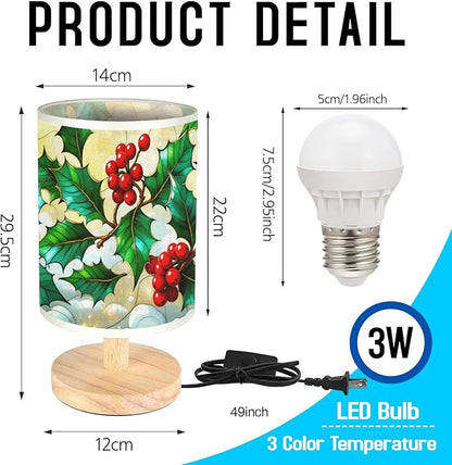 Holly Table Lamp LED 3-Color Pressed Bedside, Holly Shade Lamp with Wood Base for Bedroom Living Room Desk Office