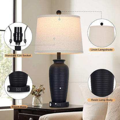 25" Retro Black Farmhouse Jar Table Lamps Set of 2, 3 Way Touch Control Rustic Bedside Lamps with USB A+C Ports & AC Outlet, Pot Nightstand Lamps for Bedroom Living Room (LED Bulbs Included)