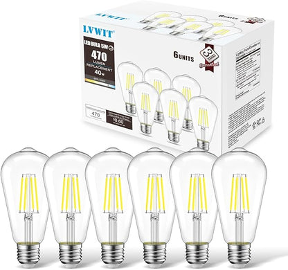 LVWIT ST21 LED Edison Light Bulbs 5W(40W Equivalent) Dimmable 5000K Warm White Vintage Edison Light Bulb E26 Medium Base, Antique Glass Style for Home, Bedroom, Office, Farmhouse(6-Pack)