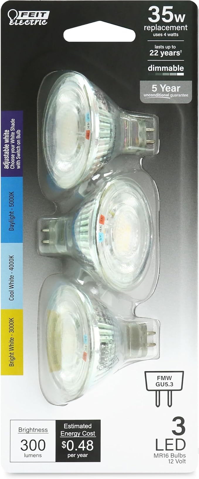Feit Electric MR16 LED Reflector Light Bulb, 35W Equivalent, Dimmable, GU5.3 Base, 90+ CRI, 300 Lumen, Adjustable Color Temperature Track Lighting, 25,000-Hour Lifespan, BPFMW/3CCTCA/3/6, 18-Pack