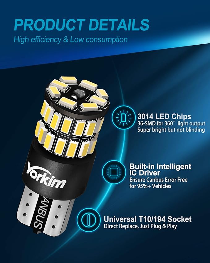 Yorkim 194 LED Bulb 6000K White T10 Interior Bulbs T15 W5W 2825 168 LED Bulb for Interior Light Trunk License Plate Lights Marker Lights, Pack of 2