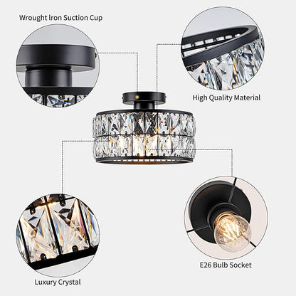 Crystal Ceiling Light, Modern Flush Mount Ceiling Light, Black Crystal Chandelier for Kitchen Bedroom Bathroom Entryway Hallway, 1 Light