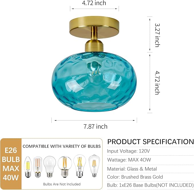 Blue Glass Semi Flush Mount Ceiling Light - 7.9 Inch Hammered Art Deco Glass Small Hallway Light fixtures, Vintage Gold Flush Mount Ceiling Light for entryway Foyer Laundry Room Kitchen