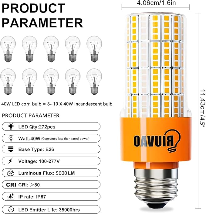 40W LED Corn Light Bulb, 320W Equivalent 5000LM, 3000K Warm White, Waterproof & 90% Energy Saving, E26 Base Corn Cob Light for Home, Garage, Fan (2-Pack)