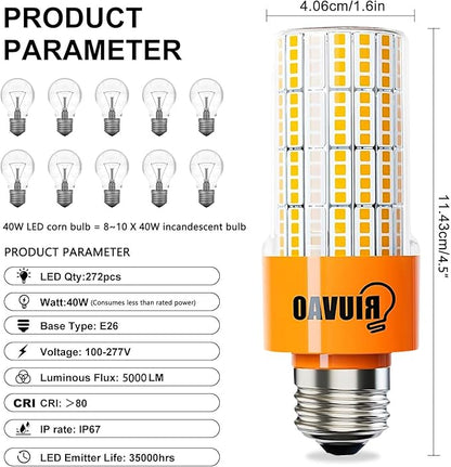 40W LED Corn Light Bulb, 320W Equivalent 5000LM, 3000K Warm White, Waterproof & 90% Energy Saving, E26 Base Corn Cob Light for Home, Garage, Fan (2-Pack)