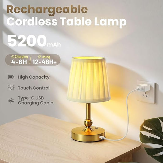 Cordless LED Table Lamp with Dimmer - 5200mAh Rechargeable Battery Operated Lamp Included 2700K Bulb, Gold Portable Stepless Touch Night Light for Bedroom Patio Home (Pleated Fabric Shade)