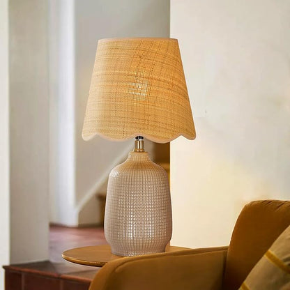 19" Boho Ceramic Table Lamp, Handmade Ceramic Base with Rattan Shade, Farmhouse Plug-in Bedside Nightstand Lamps for Bedroom, Living Room, E26 Socket, Grey