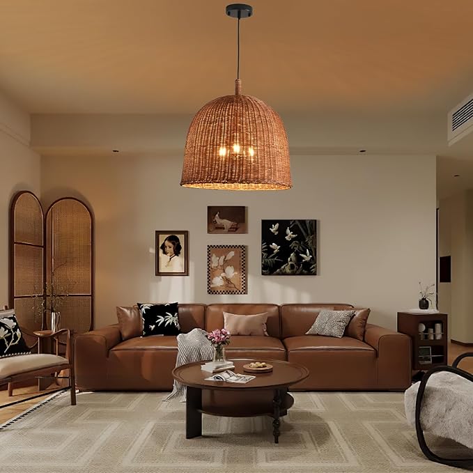 3-Light Dark Curry Rattan Pendant Light,17.7" Rustic Hanging Light,Brown Wicker Pendant Light Hand-Woven Rattan Chandelier for Workplace Restaurants Dining Living Kitchen Farmhouse