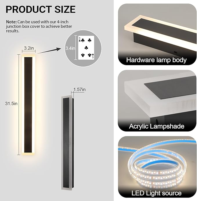 31.5 Inch Long Porch Lights Outdoor, 2 PCS Modern Outdoor Wall Light 3000K-6000K Dimmable Wall Light IP65 Waterproof Exterior Wall Sconce Long Wall Lights for Porch Garage Patio Garden