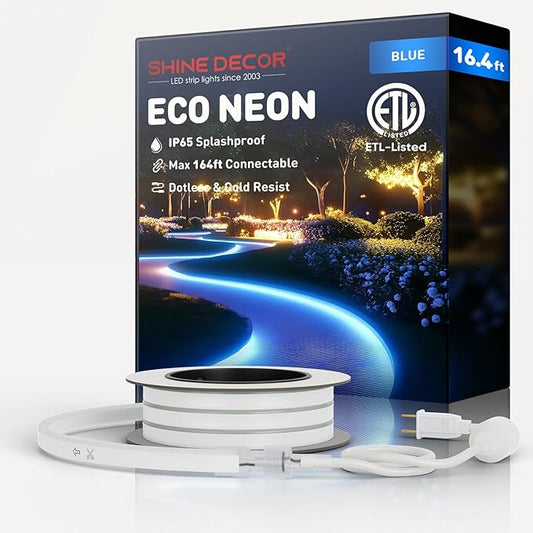 Shine Decor LED Rope Lights AC 120V, Connectable & Cuttable Dotless 120LEDs/M Eco Neon Strip Lighting, ETL IP65 Waterproof & Weather-Resistant for Home Commercial, 8x16mm, Blue, 16.4FT