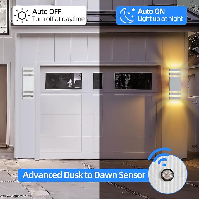 Dusk to Dawn Outdoor Wall Lights Modern Exterior Lighting Fixtures, 2 Pack White Outside Lights for House, Up and Down Porch Lights Outdoor Waterproof Sconces Wall Lighting for Garage Patio