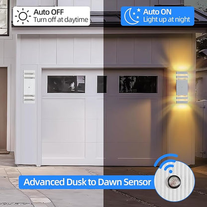 Dusk to Dawn Outdoor Wall Lights Modern Exterior Lighting Fixtures, 2 Pack White Outside Lights for House, Up and Down Porch Lights Outdoor Waterproof Sconces Wall Lighting for Garage Patio