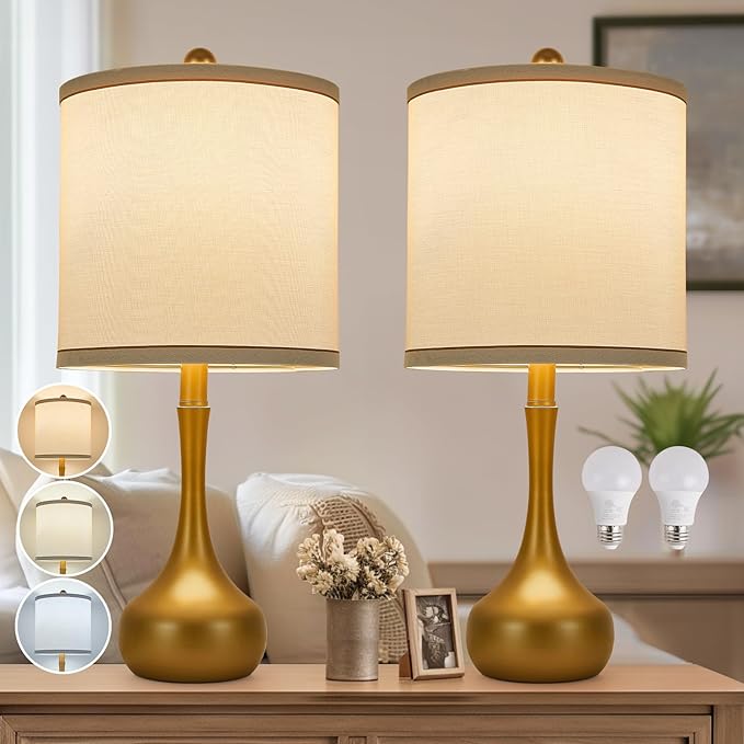 23" Farmhouse Table Lamp Set of 2, Golden Metal Modern Bedside Lamps for Living Room, 3 Color Temperature Rustic Table Lamps for Bedroom, Night Stands, Dorm,Office, Home Décor (Bulb Included)