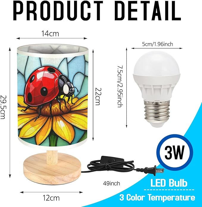 Ladybug Flower Table Lamp LED 3-Color Pressed Bedside, Ladybug Flower Shade Lamp with Wood Base for Bedroom Living Room Desk Office TL01
