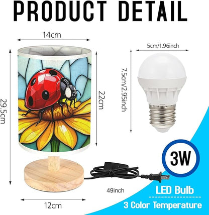 Ladybug Flower Table Lamp LED 3-Color Pressed Bedside, Ladybug Flower Shade Lamp with Wood Base for Bedroom Living Room Desk Office TL01